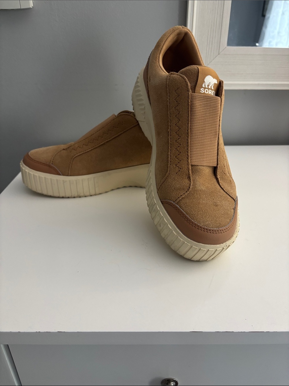 Sorel Women's Slip-On Suede Sneakers in Tan and Cream